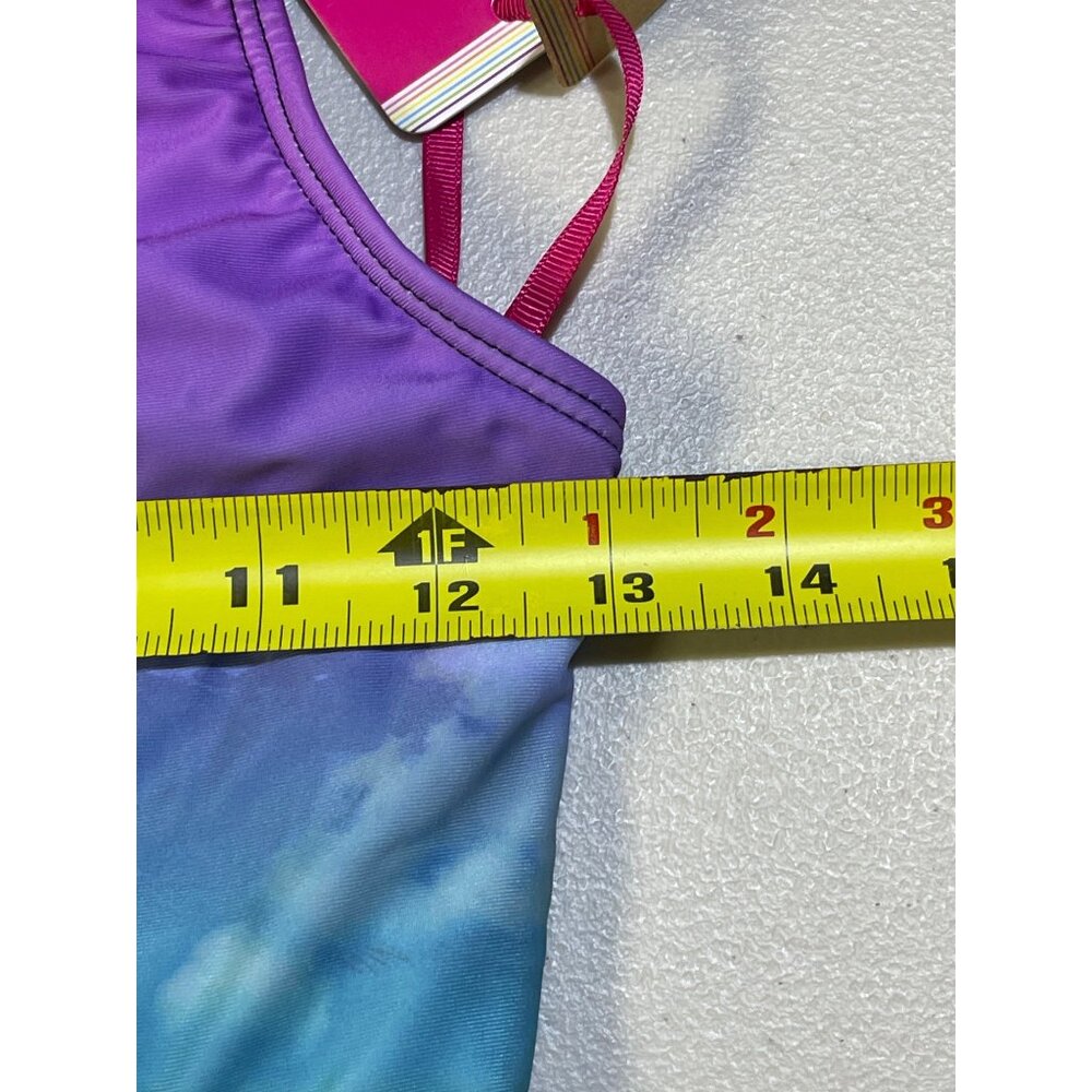 Justice Girls Sz L 12/14 1 Shoulder Cut Out Swimsuit UPF 50+ Rainbow Palm Print - Picture 6 of 9